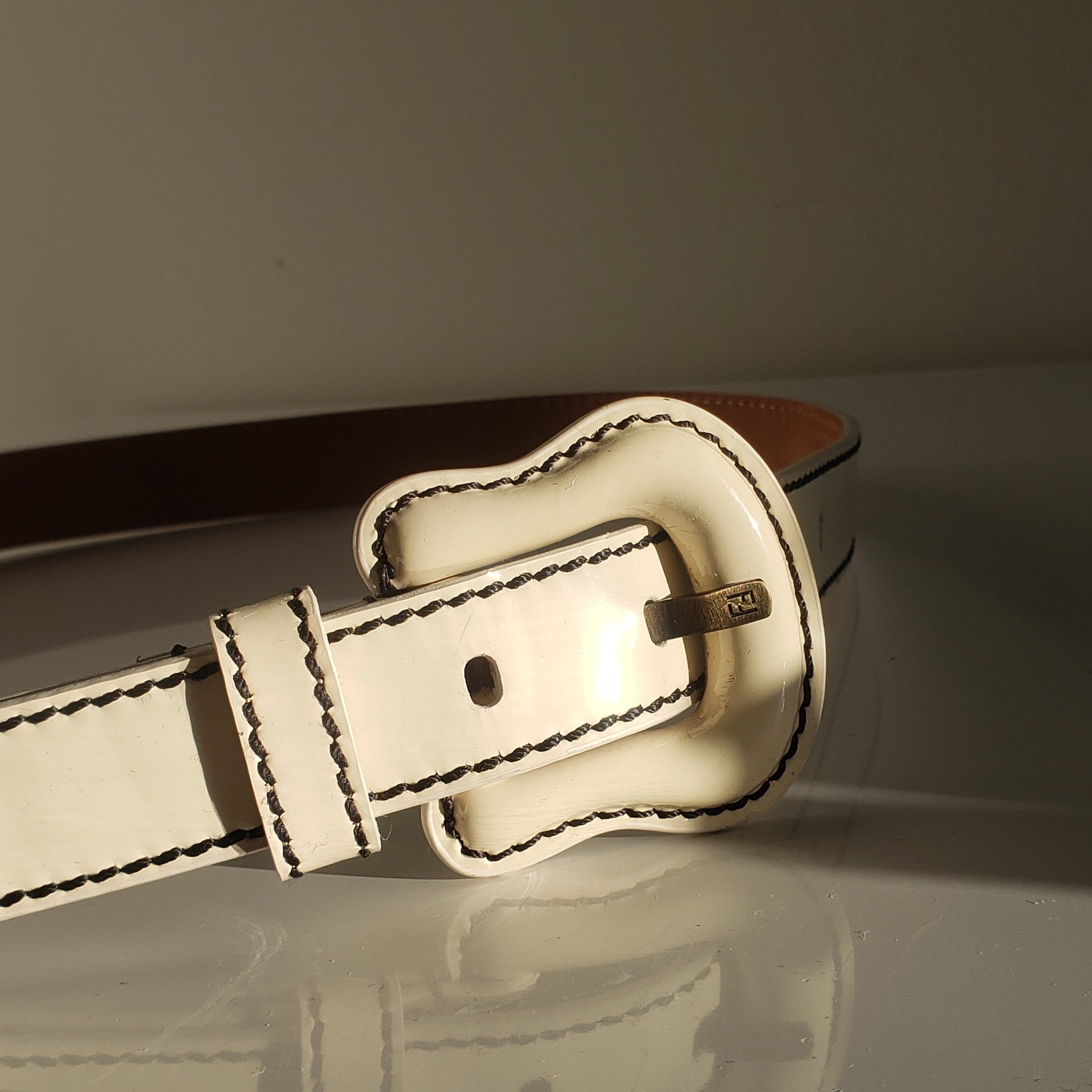 Fendi B Buckle Patent Cream Leather Belt, Vintage Y2k Luxury Gold Logo Hardware